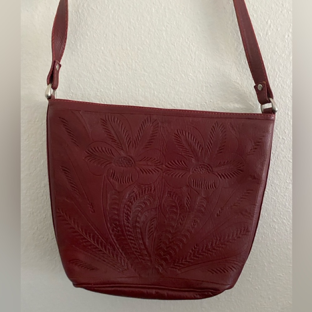 Gabriel’s Tooled Leather CrossBody Tote Bag Purse Red Leather Boho Western